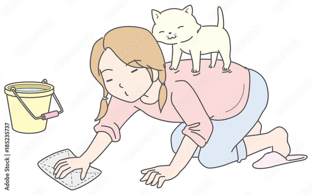 掃除する女性と猫