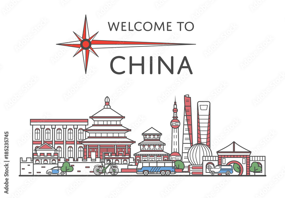 Welcome to China poster with famous architectural attractions in linear style. Chinese national landmarks, asian tourism and journey vector background. Worldwide traveling and time to travel concept.