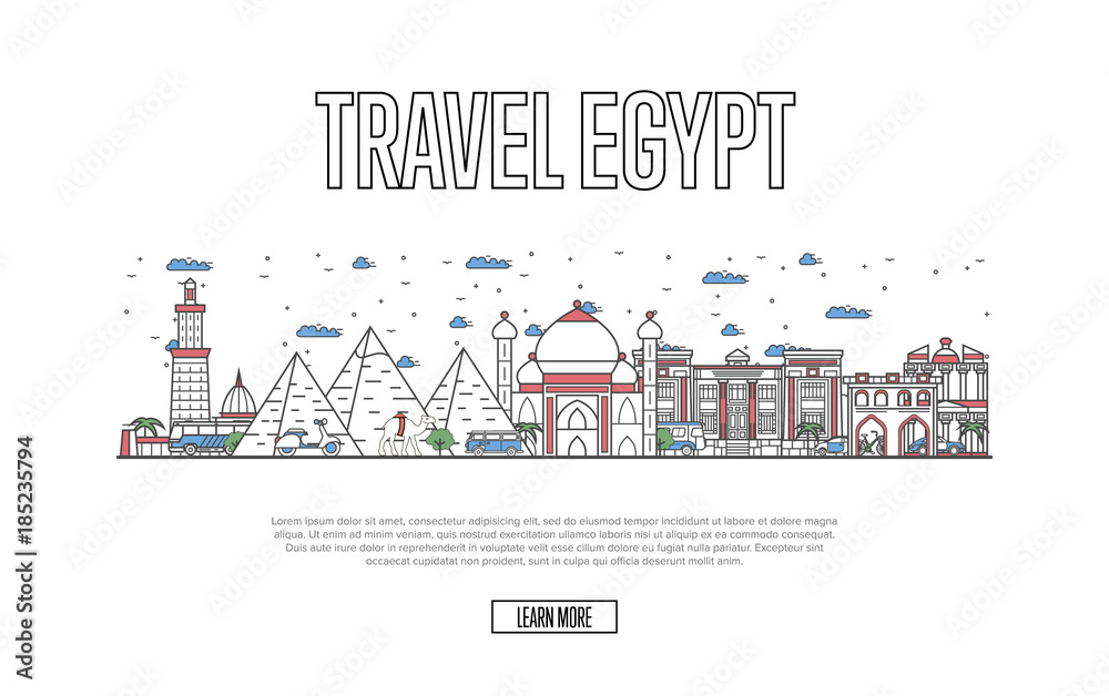 Egyptian tourism poster with famous architectural attractions in linear style. Worldwide traveling, time to travel concept. Egyptian landmarks with pyramids and minaret, city skyline vector background