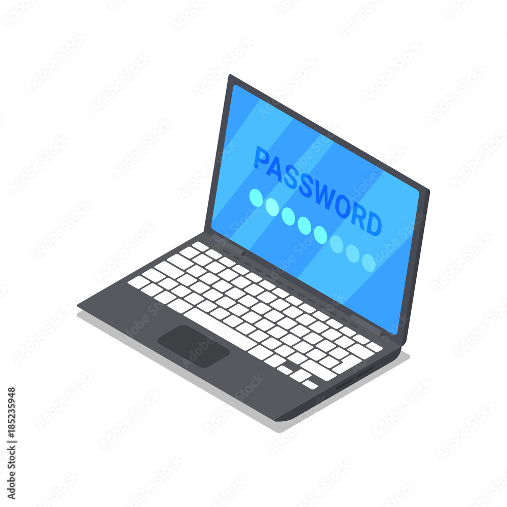 Laptop with password isometric 3D icon. Modern technology gadget, security protection sign, private access on electronic device vector illustration. Laptop with password isometric 3D icon. Modern technology gadget, security protection sign, private access on electronic device vector illustration.