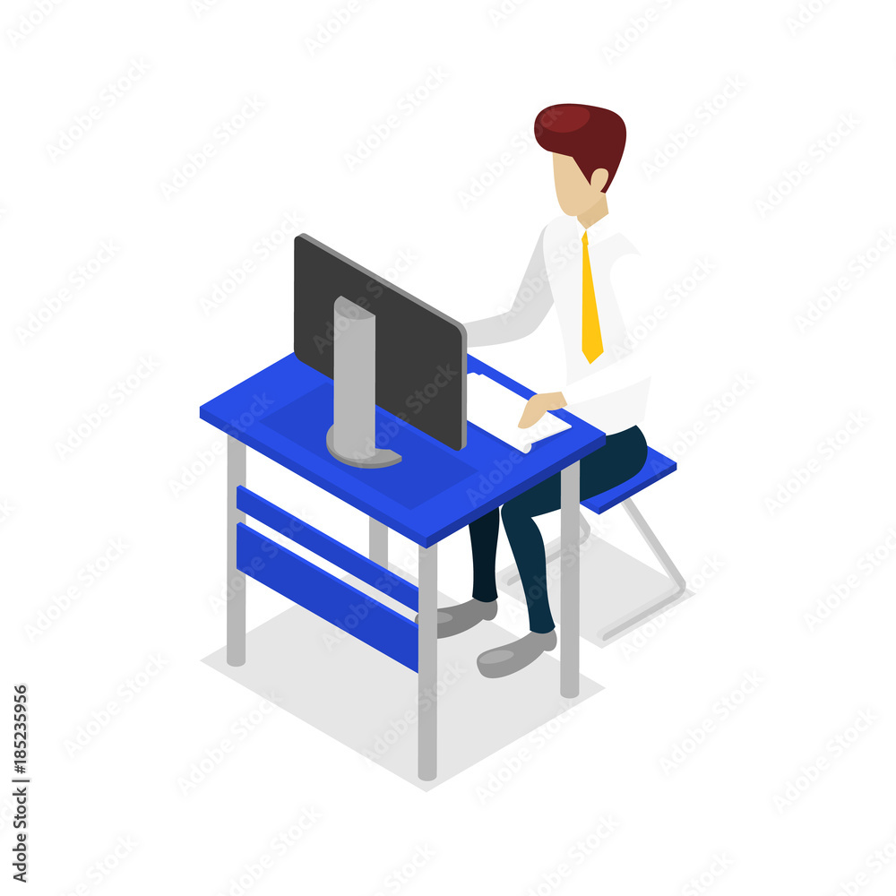 Young man work on desktop computer isometric 3D icon. Modern office workspace concept vector illustration. Young man work on desktop computer isometric 3D icon. Modern office workspace concept vector illustration.