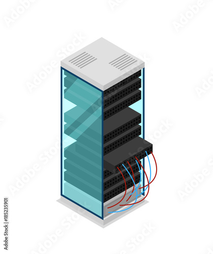 Computer server rack isometric 3D icon. Data centre sign, internet network, cloud database, computer technology vector illustration.