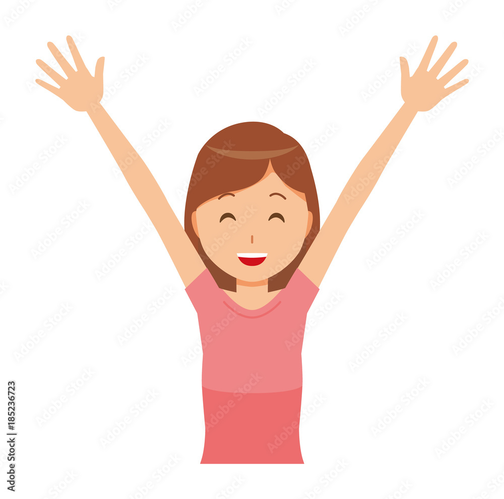 Mom wearing short sleeve clothes raises both hands Mom wearing short sleeve clothes raises both hands