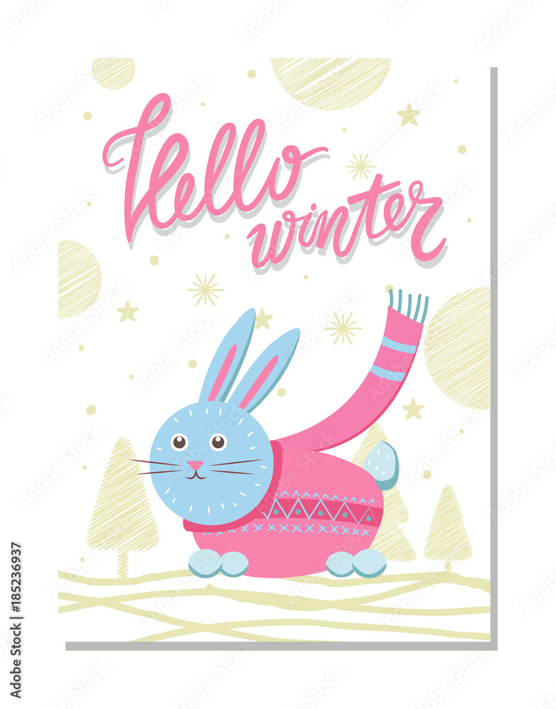 Hello Winter Postcard with Rabbit in Pink Sweater