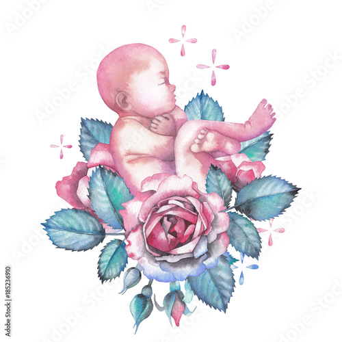 Watercolor child surrounded by roses and sparkles photo