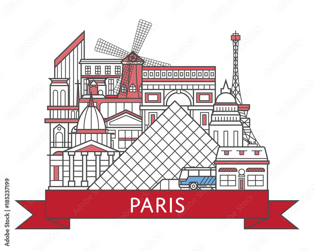 Travel Paris poster with national architectural attractions in trendy linear style. Parisian famous landmarks on white background. France tourism advertising and worldwide voyage vector concept.