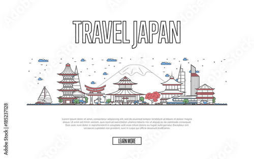 Travel Japan poster with architectural attractions in linear style. Worldwide traveling, time to travel concept. Japanese skyline with famous landmarks, country tourism and journey vector background.