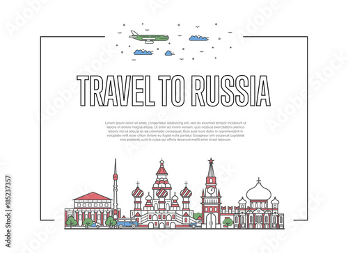 Travel to Russia poster with famous architectural attractions in linear style. Worldwide traveling and time to travel concept. Russian landmarks, global tourism and journey vector background.