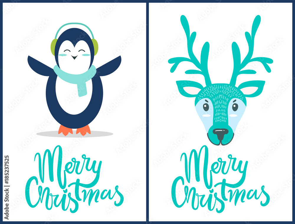 Merry Christmas Penguin, Deer Vector Illustration