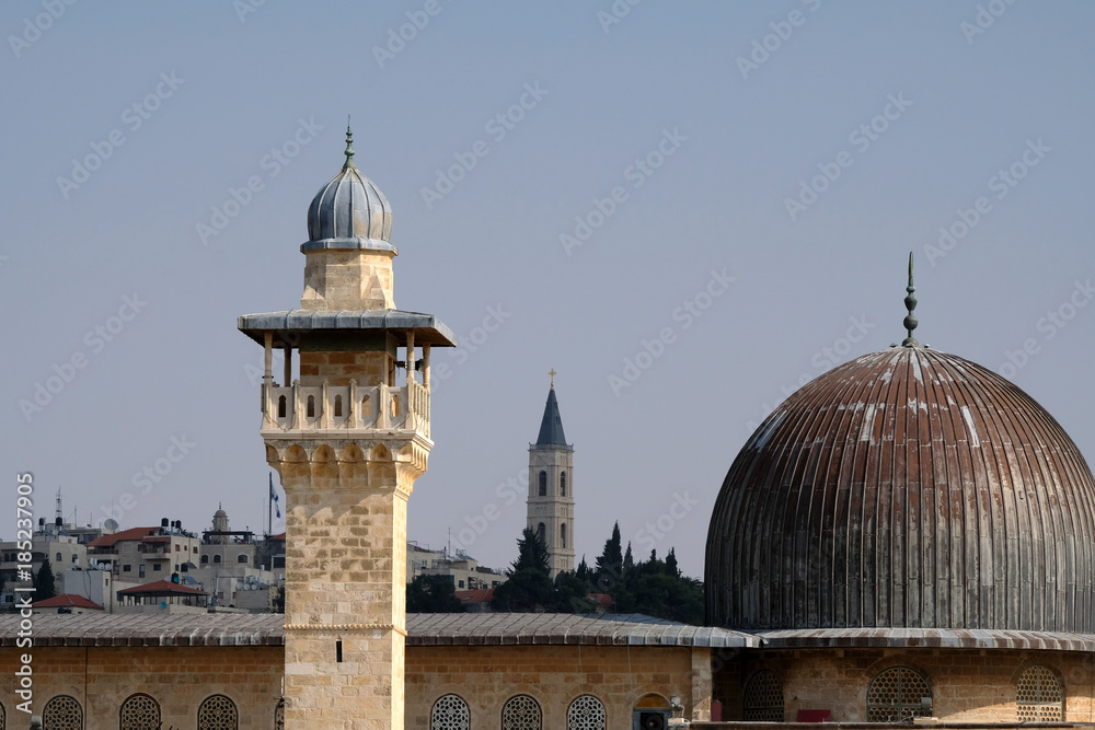 Al-Aqsa dome and minaret in Old City of Jerusalem.