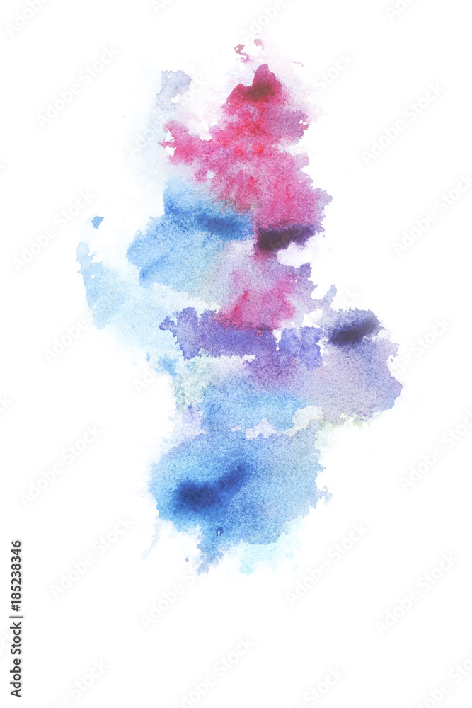 Abstract painting with bright colorful watercolour paint blots and spots on white