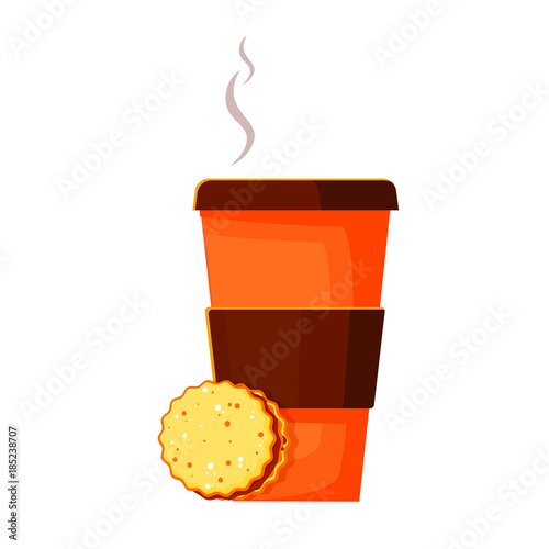 Cup of hot coffee with sweet cookie, vector cartoon illustration isolated on white background in flat design
