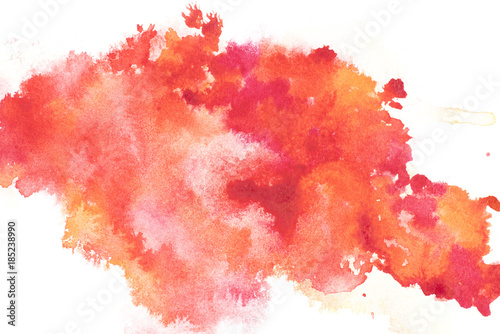 Abstract painting with bright red and orange paint blots on white
