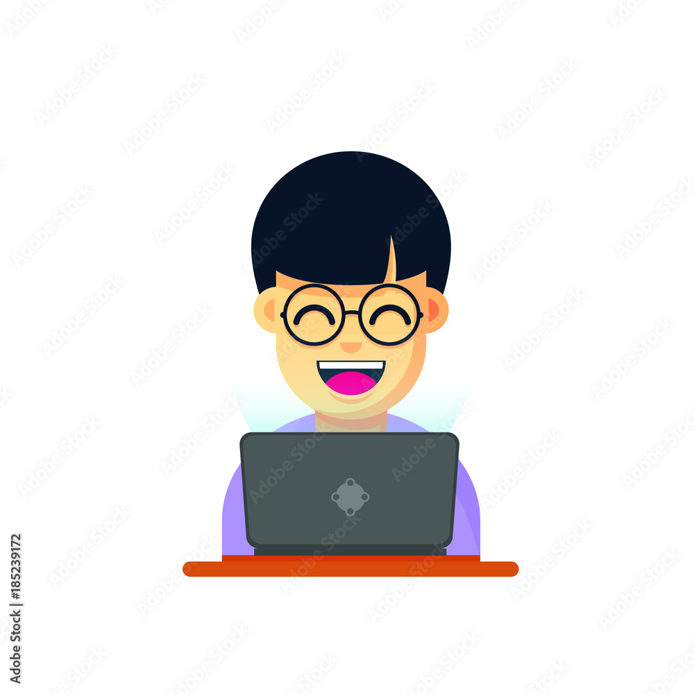 Japan flat programmer with laptop and eyeglasses, vector cartoon illustration isolated on white background Japan flat programmer with laptop and eyeglasses, vector cartoon illustration isolated on white background