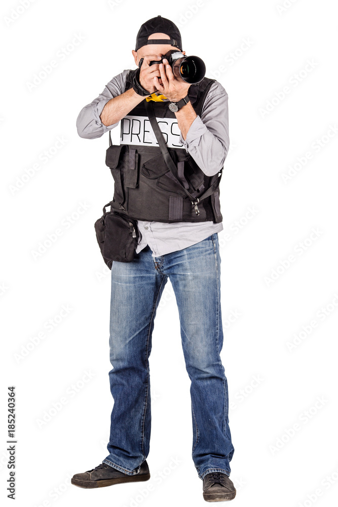 military press photographer with a professional camera. Isolated on white background military press photographer with a professional camera. Isolated on white background