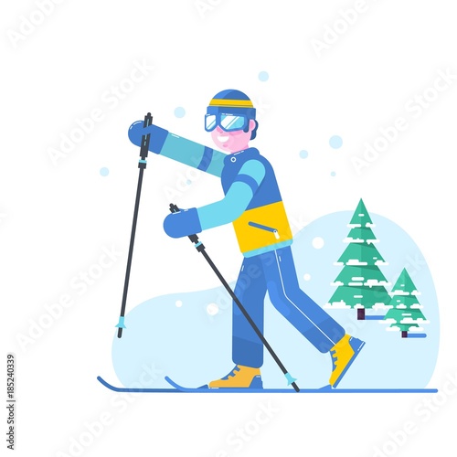 People skiing flat style design. Skis isolated, skier and snow, cross country skiing, winter sport, season and mountain