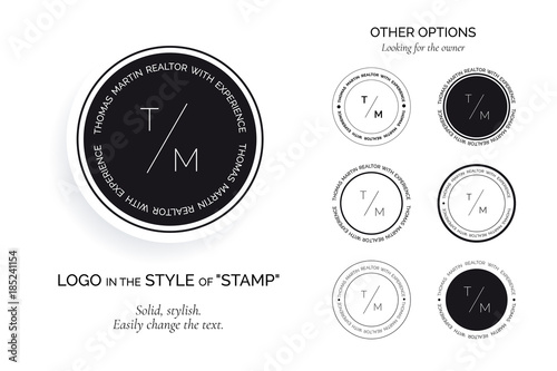 Collection of black and white logos in the style of the stamp. Logo templates under personal brand. Easily enter initials and slogan.