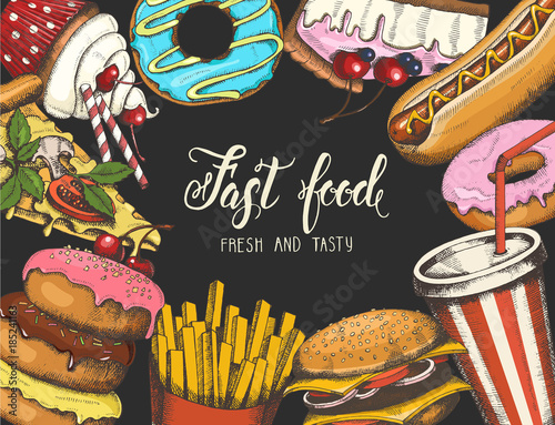 Background with fast food hand-drawn objects. Sketch, engraving, hatching. Vector Design elements for menu or advertising. Banner, poster, flyer, brochure.