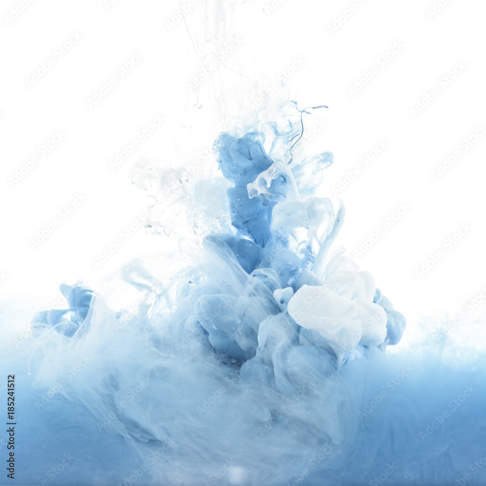 close up view of mixing of blue and white paint splashes isolated on white close up view of mixing of blue and white paint splashes isolated on white