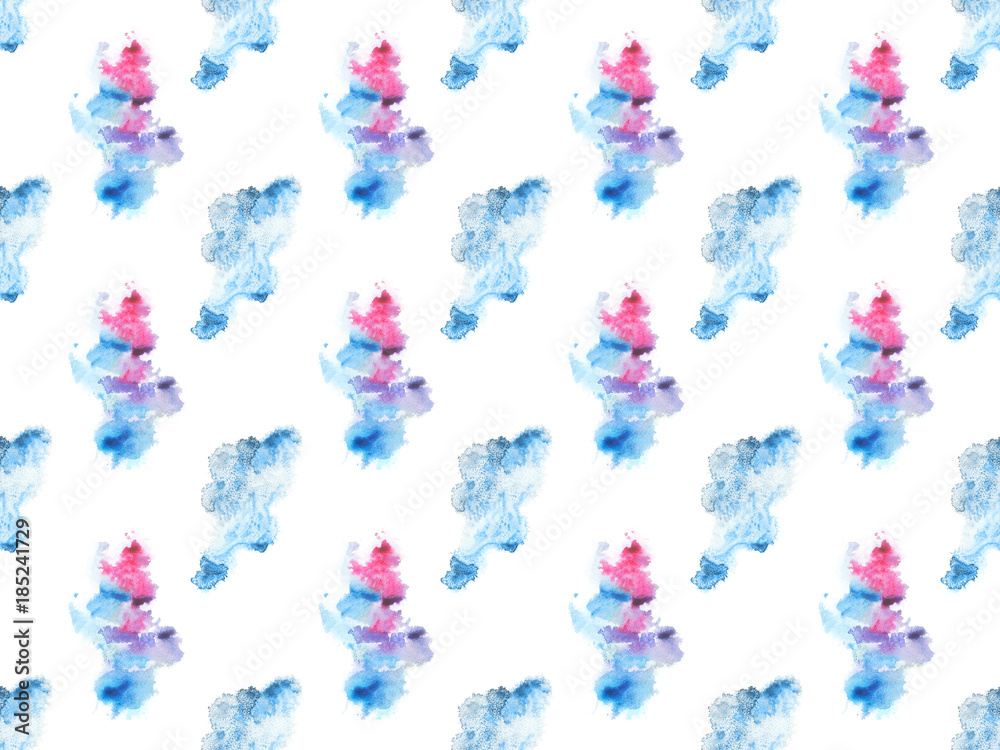 seamless pattern with blue and pink watercolor paint spots, isolated on white