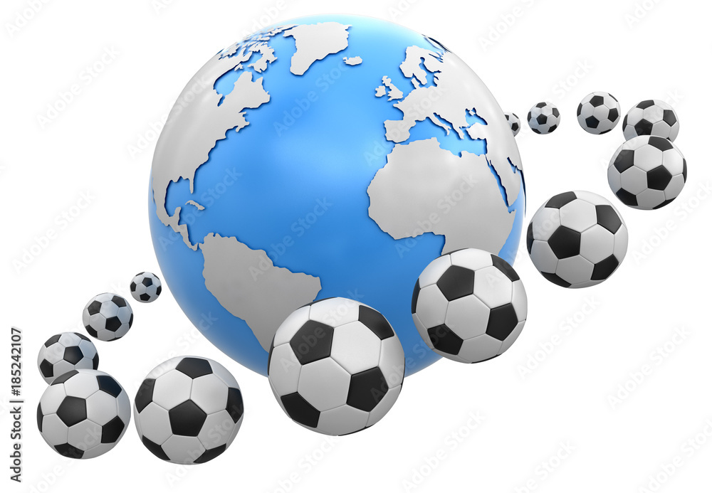 Soccer footballs around Globe. Image with clipping path Soccer footballs around Globe. Image with clipping path