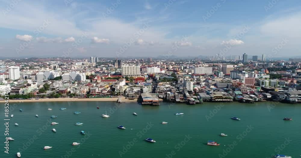 PATTAYA, THAILAND, MARCH 2017: Aerial view over Pattaya Beach, harbour, and downtown area PATTAYA, THAILAND, MARCH 2017: Aerial view over Pattaya Beach, harbour, and downtown area
