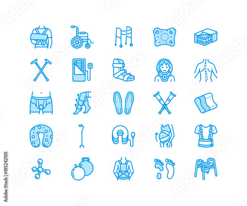 Orthopedics, trauma rehabilitation line icons. Crutches, mattress pillow, cervical collar, walkers, medical rehab goods. Health care thin linear signs for clinic and hospital. Pixel perfect 64x64.