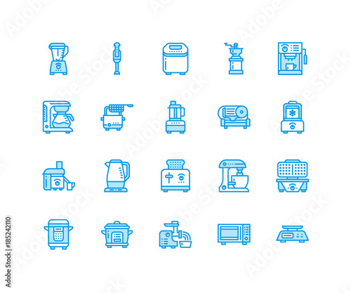 Kitchen small appliances line icons. Household cooking tools signs. Food preparation equipment - blender, coffee machine, microwave, toaster, grinder. Signs for electronics store. Pixel perfect 64x64.