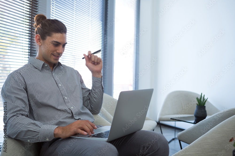 Male executive using laptop in waiting area