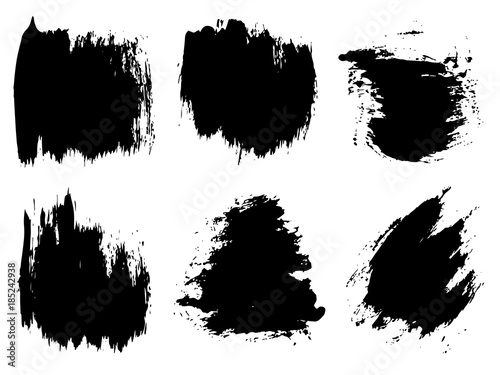 Vector collection or set of artistic black paint  ink or acrylic hand made creative brush stroke backgrounds isolated on white as grunge or grungy art  education abstract elements frame design