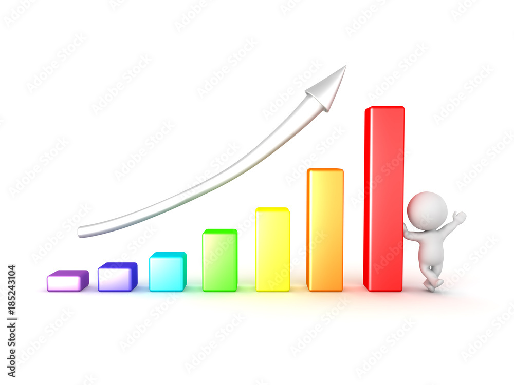 3D Character leaning on colorful chart showing progress 3D Character leaning on colorful chart showing progress