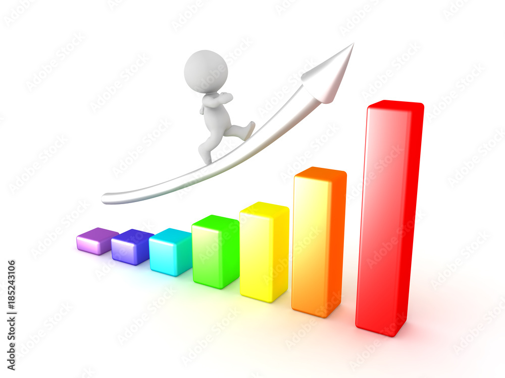 3D Character running up colorful chart showing progress 3D Character running up colorful chart showing progress