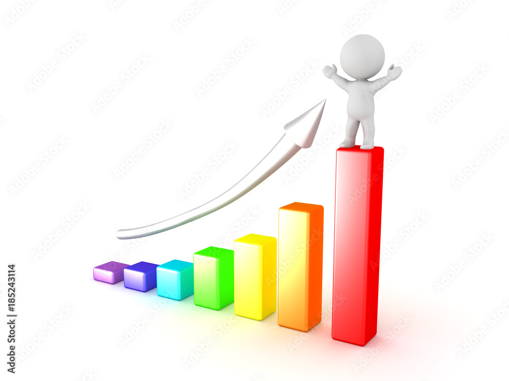 3D Character with his arms raised on top of colorful chart 3D Character with his arms raised on top of colorful chart