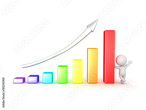 3D Character leaning on colorful chart showing progress