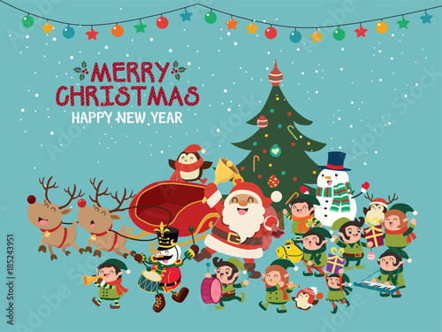 Vintage Christmas poster design with vector toy soldier, Santa Claus, elf, snowman, penguin, penguin characters.