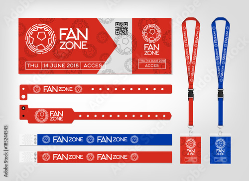 Mockup of different access control designs. Bracelets, ticket and lanyards. Design for fan zone football event.
