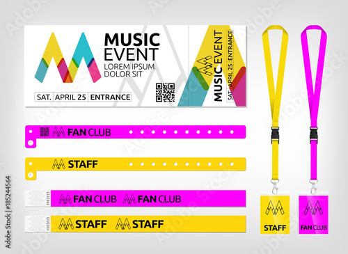 Mockup of different access control designs. Suitable for events, concerts, parties, festivals and private areas. Bracelets, ticket and lanyards.