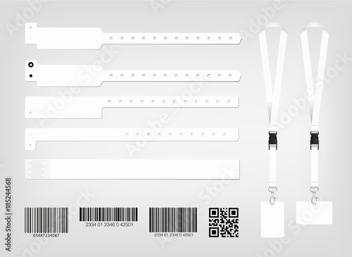 Mockup of different models of bracelet, lanyard, and security codes. White color. Place for your text.