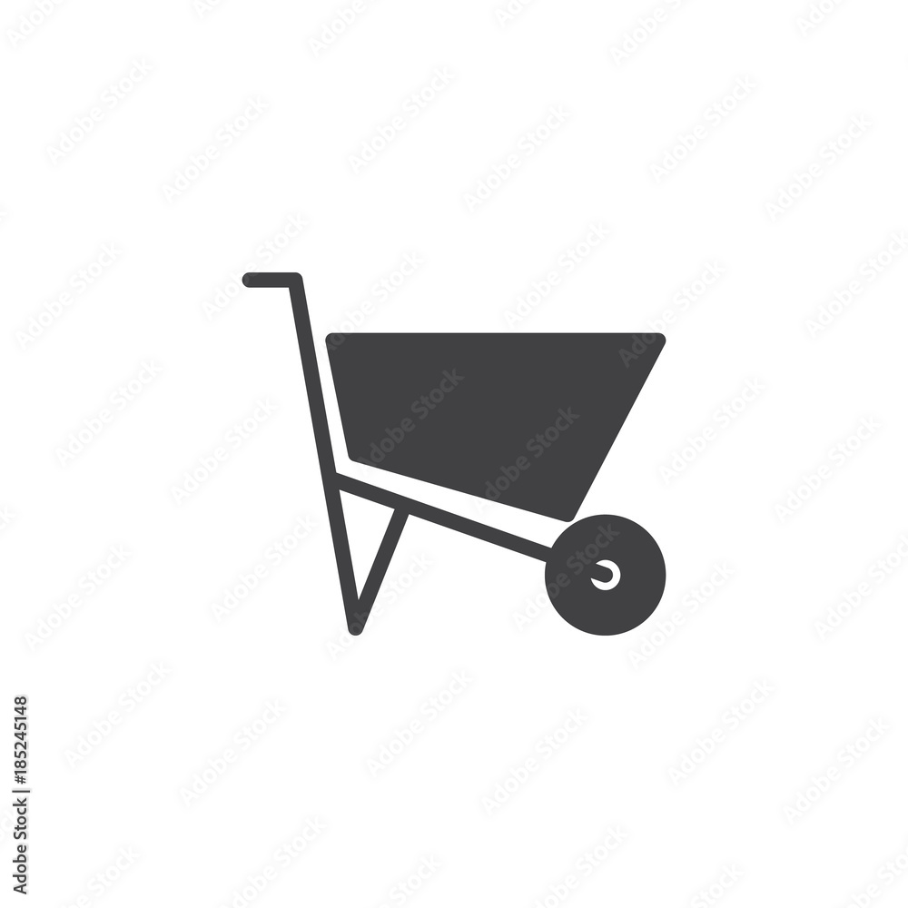 Wheelbarrow empty icon vector, filled flat sign, solid pictogram isolated on white. Wheel barrow construction symbol, logo illustration Wheelbarrow empty icon vector, filled flat sign, solid pictogram isolated on white. Wheel barrow construction symbol, logo illustration