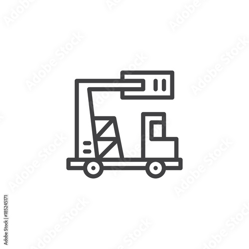 Truck with telescopic crane line icon, outline vector sign, linear style pictogram isolated on white. Lifting machine symbol, logo illustration. Editable stroke