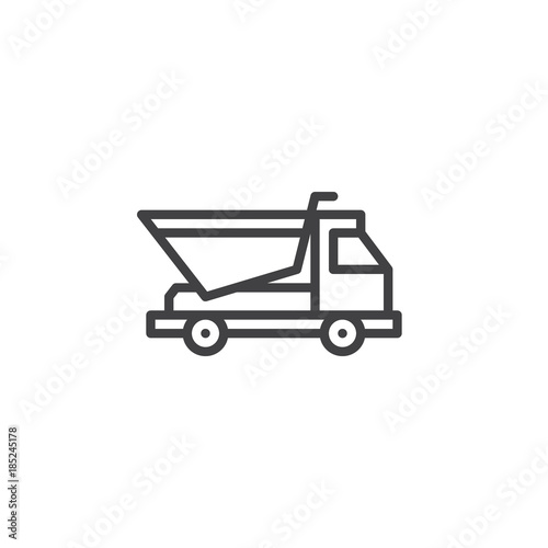 Dump truck line icon, outline vector sign, linear style pictogram isolated on white. Dumper transportation symbol, logo illustration. Editable stroke