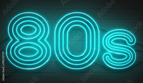 disco dance 80s neon sign lights logo text glowing color blue on dark black brick background, vintage style
