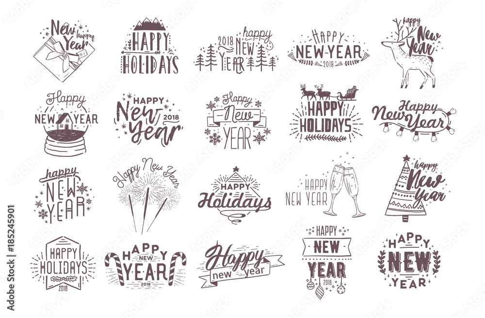 Set of holiday Happy New 2018 Year handwritten lettering decorated with hand drawn traditional festive attributes - fir tree, champagne, gift, light garland, baubles. Monochrome vector illustration.