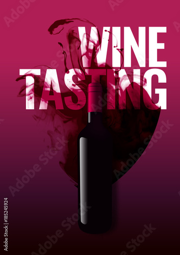 Template with wine bottle illustration and wine tasting text. Background liquid effect of wine glass. Isolated bottle A4 size. Idea for wine events, magazines or brochures.