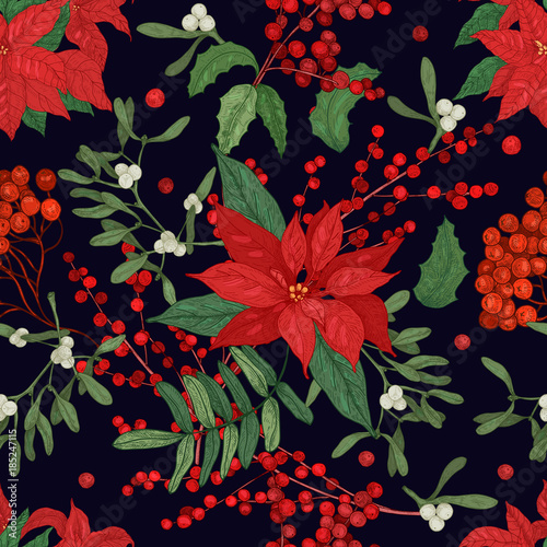 Elegant seamless pattern with parts of winter plants - poinsettia, mistletoe, branches of rowan tree with berries, holly leaves. Hand drawn vector illustration for wrapping paper, textile print.