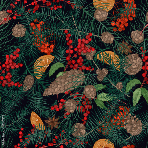 Beautiful seamless pattern with realistic natural christmas decorations or parts of winter plants - coniferous tree needles, cones, orange pieces, star anise. Vector illustration for textile print.