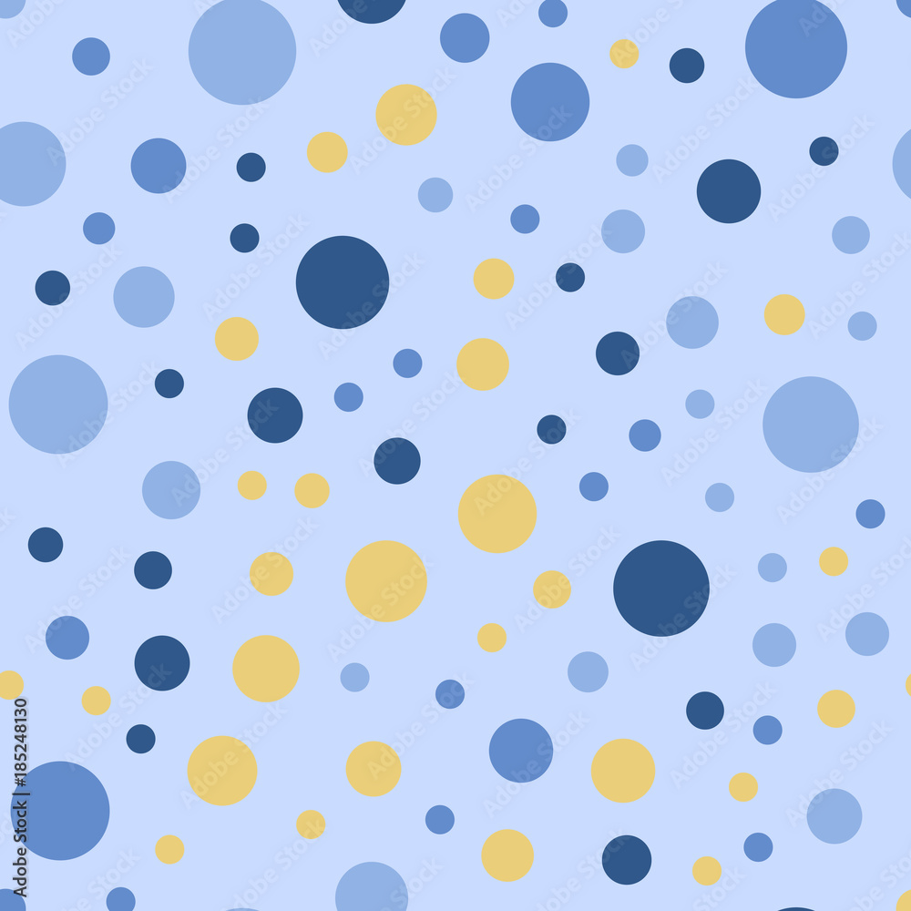 Colorful polka dots seamless pattern on bright 24 background. Resplendent classic colorful polka dots textile pattern. Seamless scattered confetti fall chaotic decor. Abstract vector illustration.