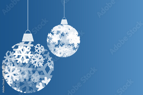 Fondo azul navideño con bolas de copos de nieve.