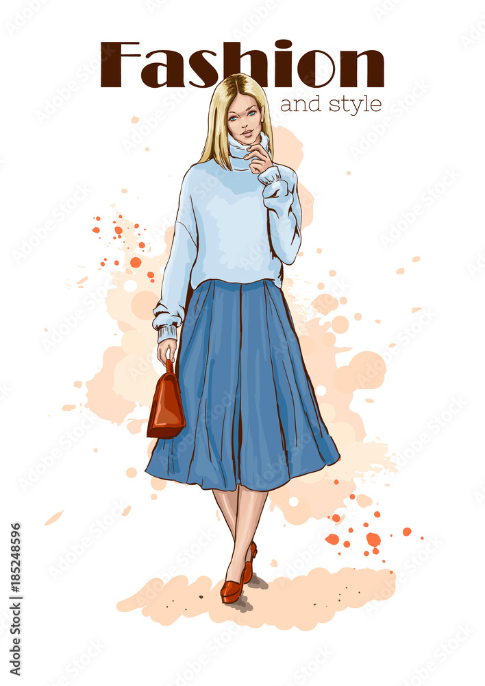 Fashion woman. Young beautiful woman in stylish clothes with the bag. Model posing. Casual wear for women. Hand drawn sketch. Vector illustration. Stock Vector Adobe Stock