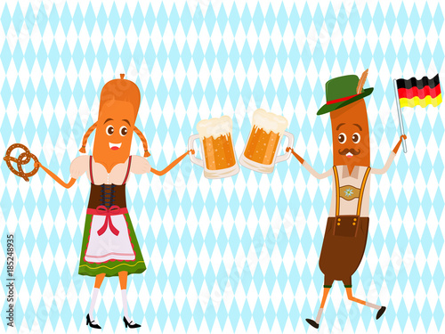 Vector illustration of cute male female sausage wearing Oktoberfest Dirndl dress Lederhosen holding food pretzel beer during party festival